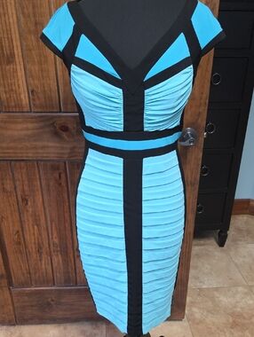 Jax Blue and Black Bandage Midi Dress - Size 10